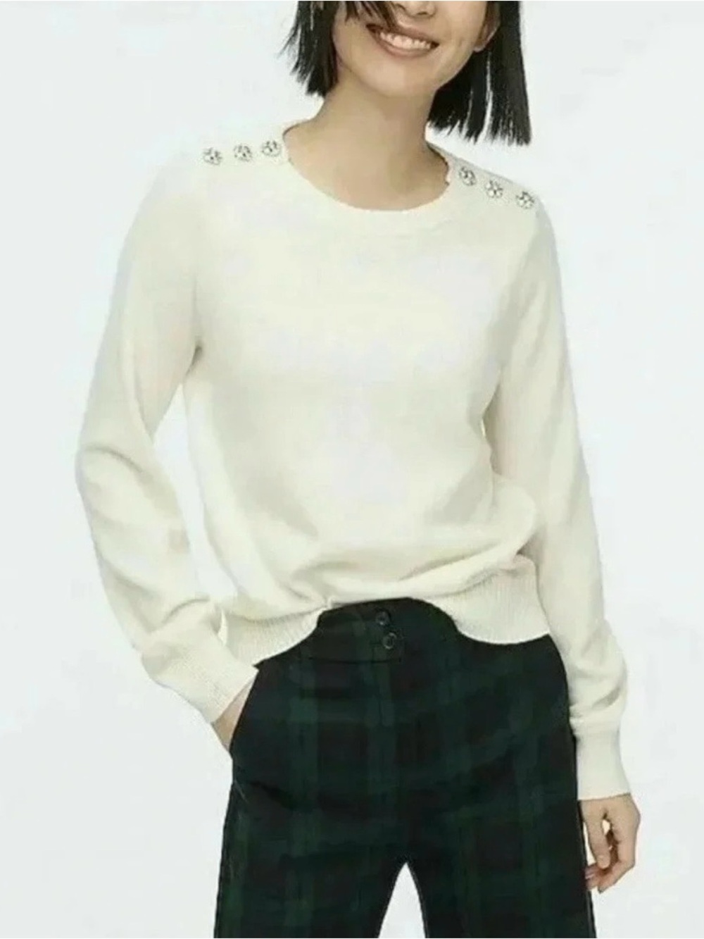 J.Crew Crewneck Sweater in Natural Jeweled Buttons Lambswool Pullover Medium